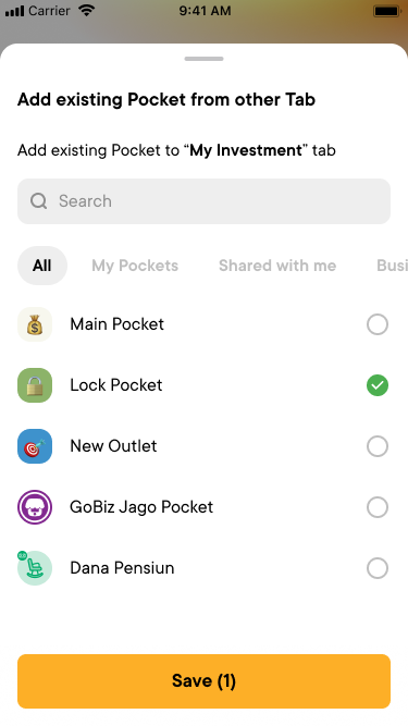 Picker listing Pockets with radio buttons, Lock Pocket selected, and a Save (1) button
