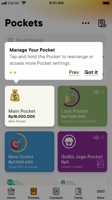 Tooltip pointing at a Pocket: Manage Your Pocket, tap and hold to rearrange or access more settings, with Prev and Got it