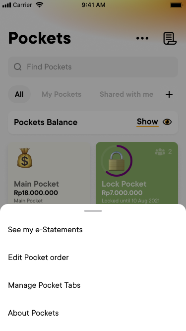 Pockets page menu with See my e-Statements, Edit Pocket order, Manage Pocket Tabs and About Pockets